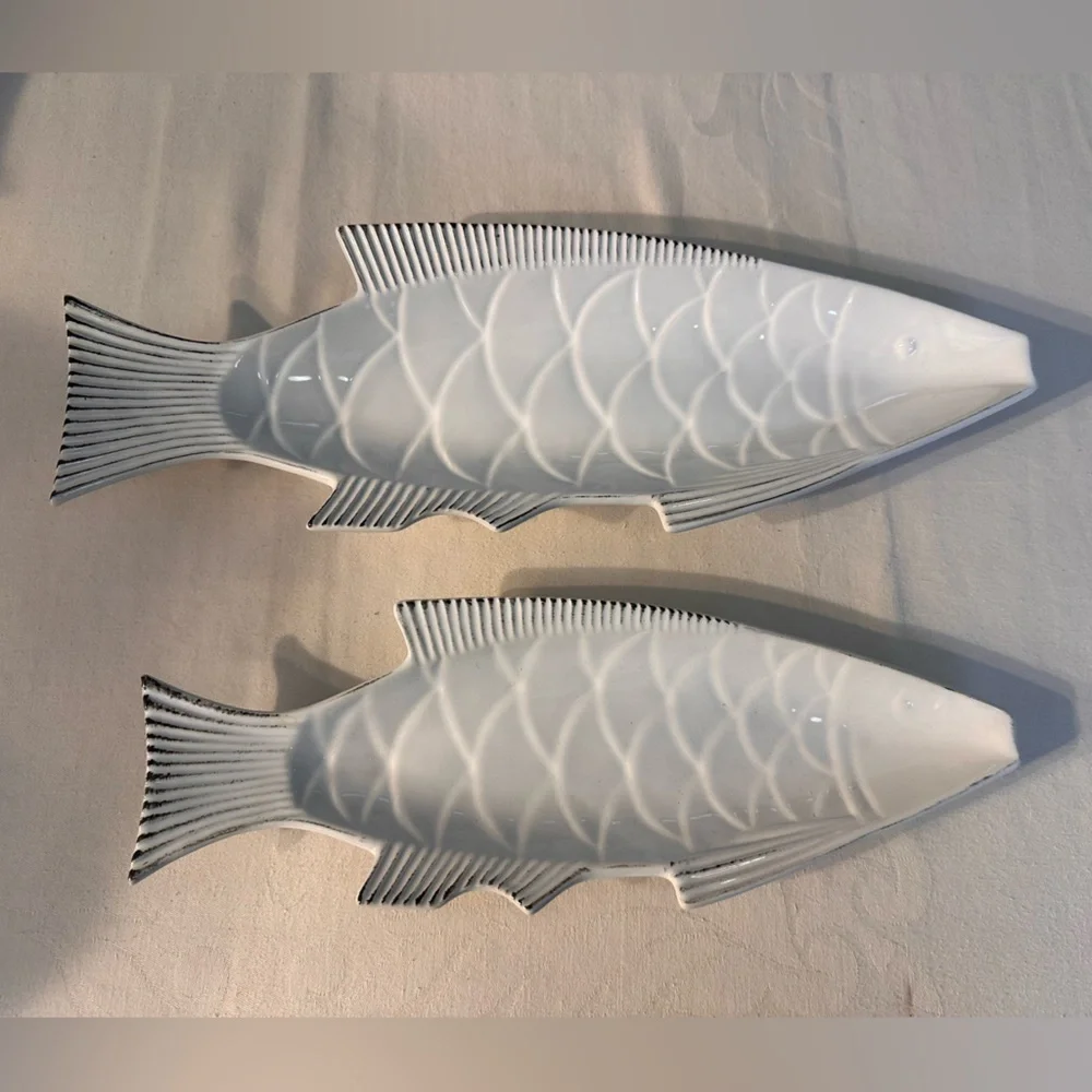Set of 2 Fish White Fish Ceramic Serving Platters